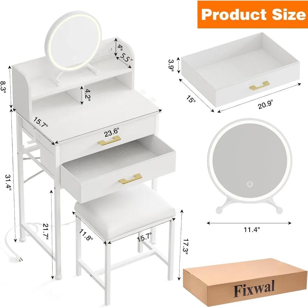Fixwal White Small Vanity Desk Set with Lighted Mirror and Chair, Makeup Dresser with 2 Fabric Drawers, Power Outlet, Compact Ta