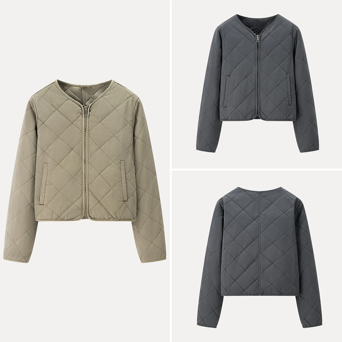 

Ele Casual Cotton Jaet round Ne Long Sve Diamond Pattern Women's Autumn Faion Commute Sle Zipper Closure Coat