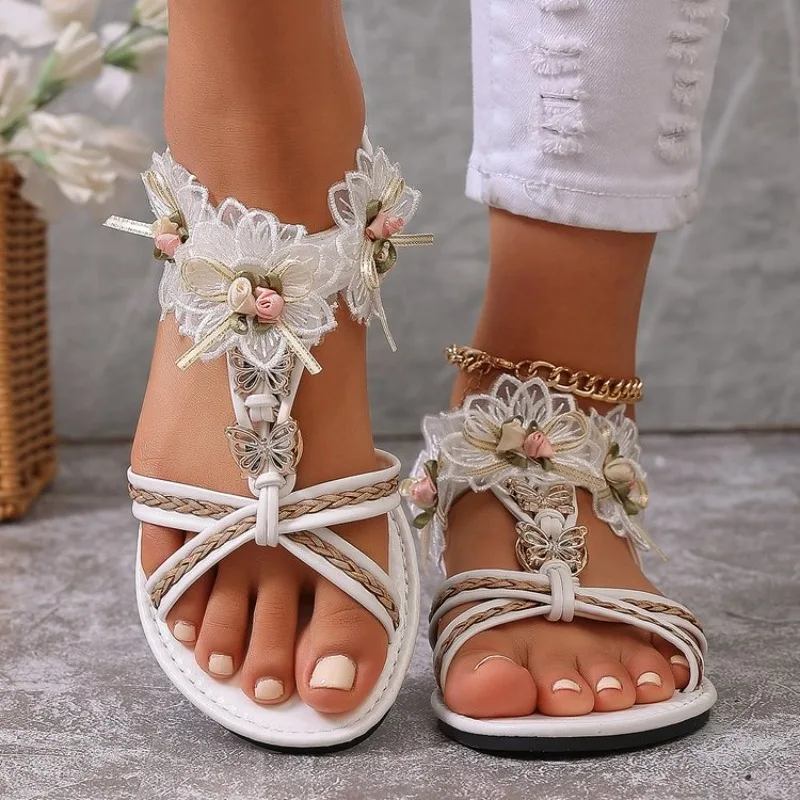 

Women's Open Toe Lace Floral Decor Sandals Rhinestone Ring Ankle Strap Flat Casual Non-Slip Shoes