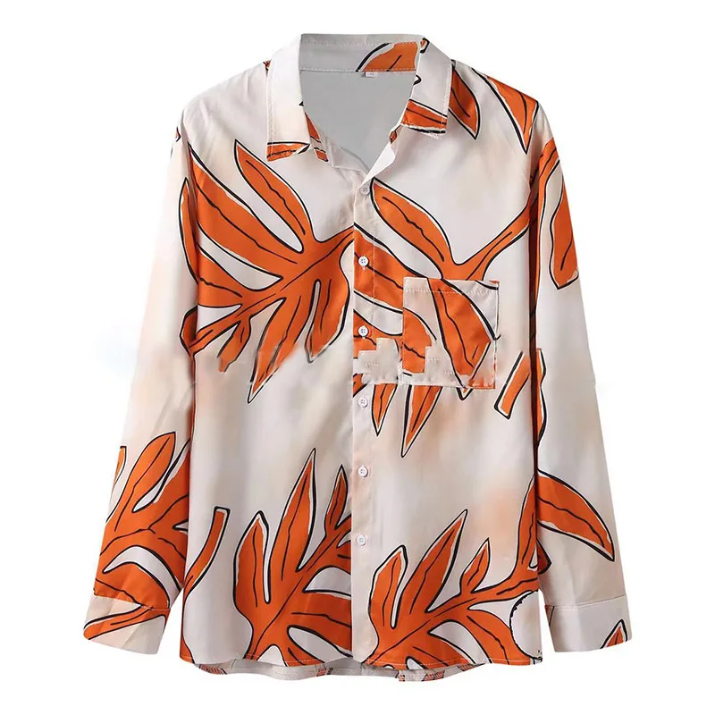 2025 Spring and Autumn New European and American Men's Leisure Beach Big Maple Leaf Comfortable and Versatile Long Sleeve Shirt