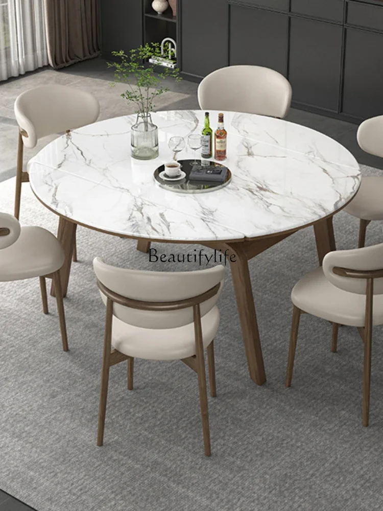 Retractable microcrystalline stone dining table solid wood square and round dual-purpose marble variable round table