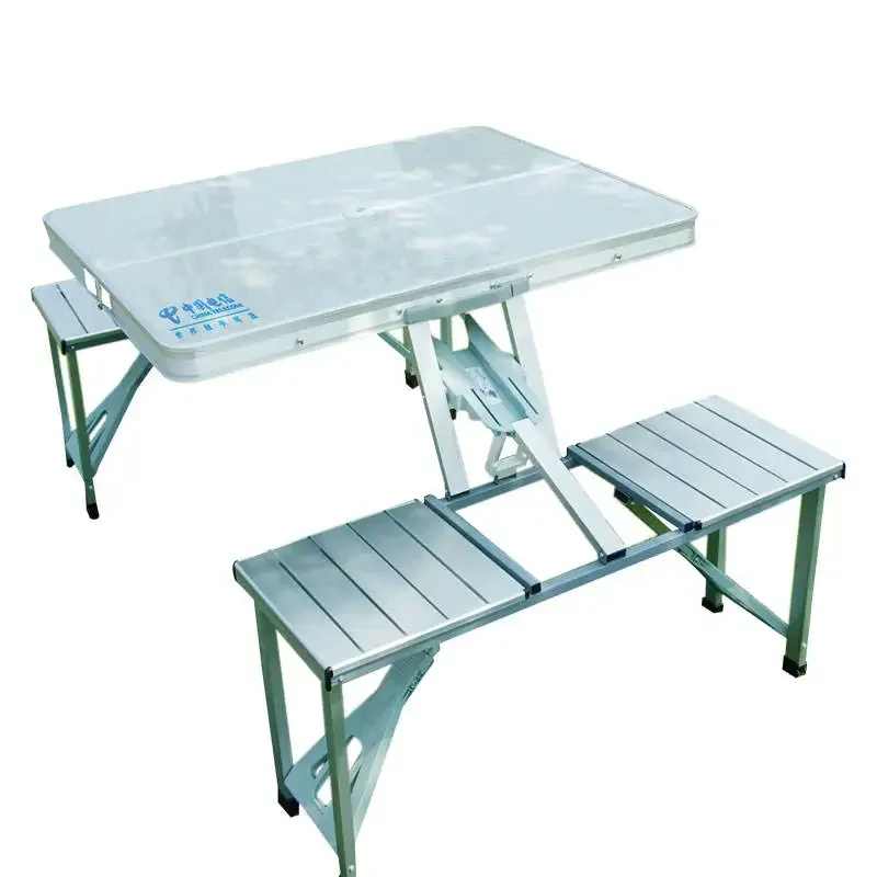 

Easy Carrying Aluminum Camping Folding Table Set With Connected Chairs And Umbrella Hole Foldable Picnic Table