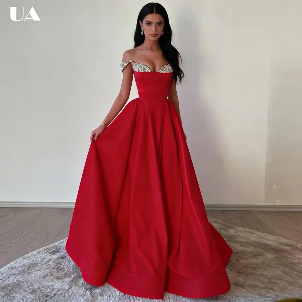 

ULBYANRY Customized Satin A-line Off-the-shoulder Prom Dress, Elegant Rhinestone Evening Dress, Fashionable Lace-up Party Dress