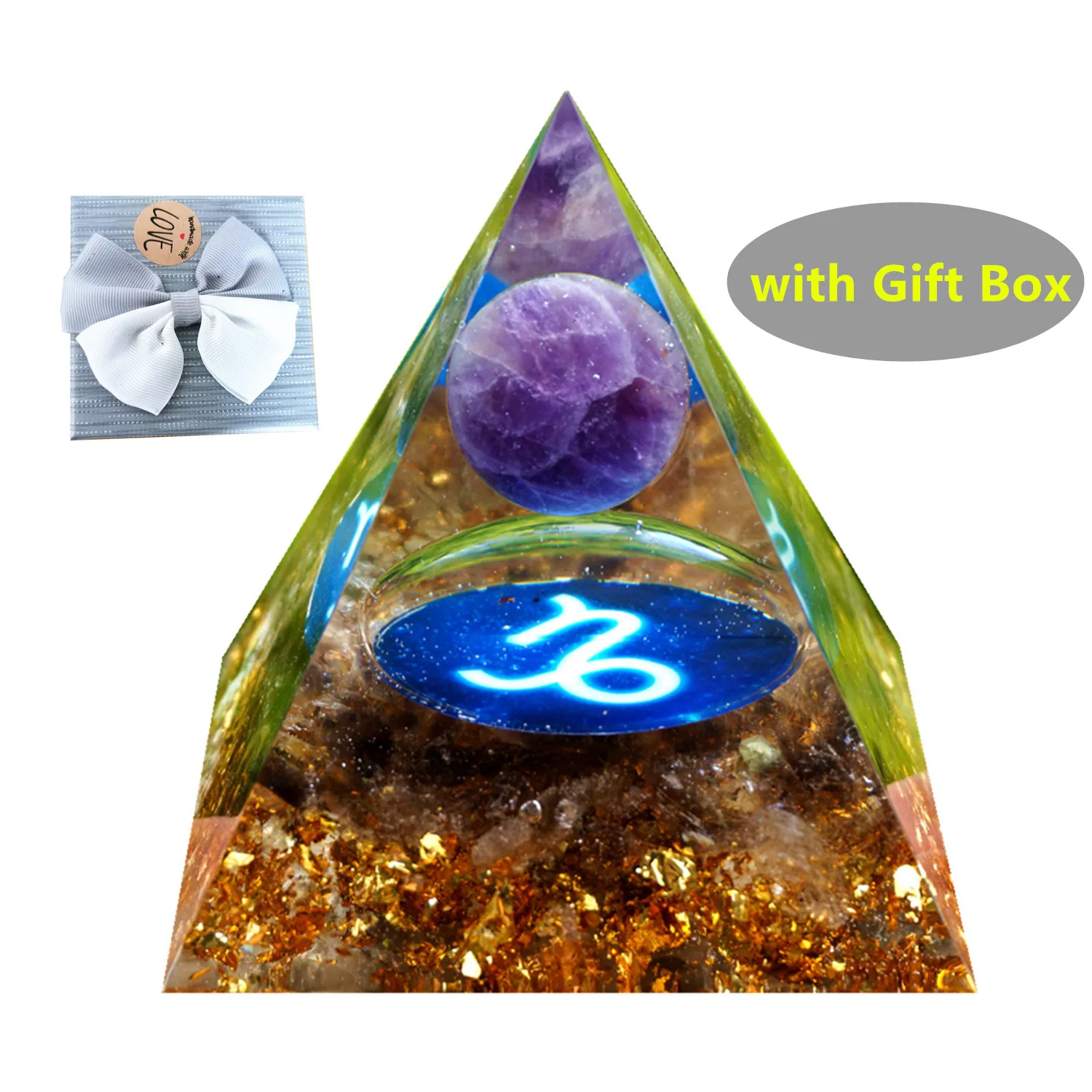 

Amethyst Crystal Sphere Zodiac Orgone Pyramid CAPRICORN Geometry Pattern with Smoky Quartz Stone Orgonite Pyramide