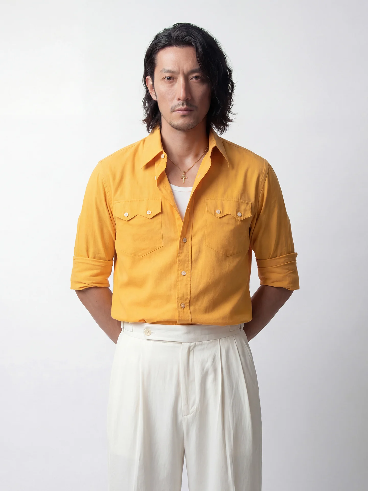 

SOARIN Italian Luxury Yellow Men's Long Sleeve Cotton Linen Casual Shirt Breathable Vintage American Style Pocket Design