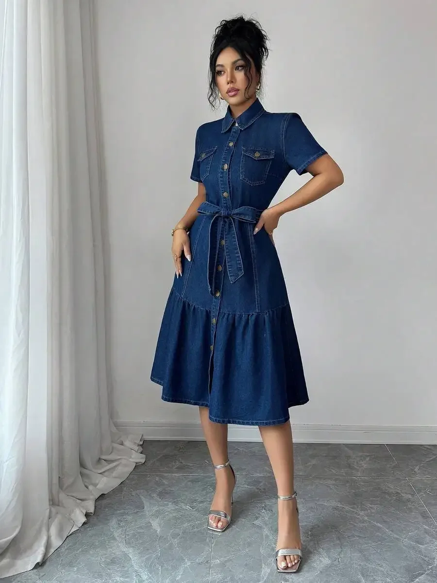 

Mid-Length Denim Shirt Dress With Short Sleeves, Collar, Front Button Detail, And Adjustable Tie Waist For Summer Elegance