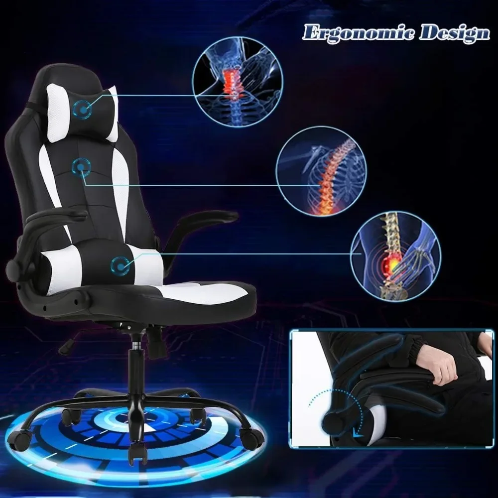 Chaise de bureau ergonomique pour PC Gaming, chaise de bureau avec support lombaire, bras rabattables, repos de sauna