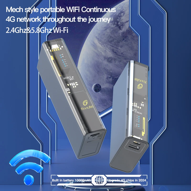 TIANJIE 4GLTE router portable wifi hotspot device, used for travel, lithium battery 10000mAh, with charging treasure function.