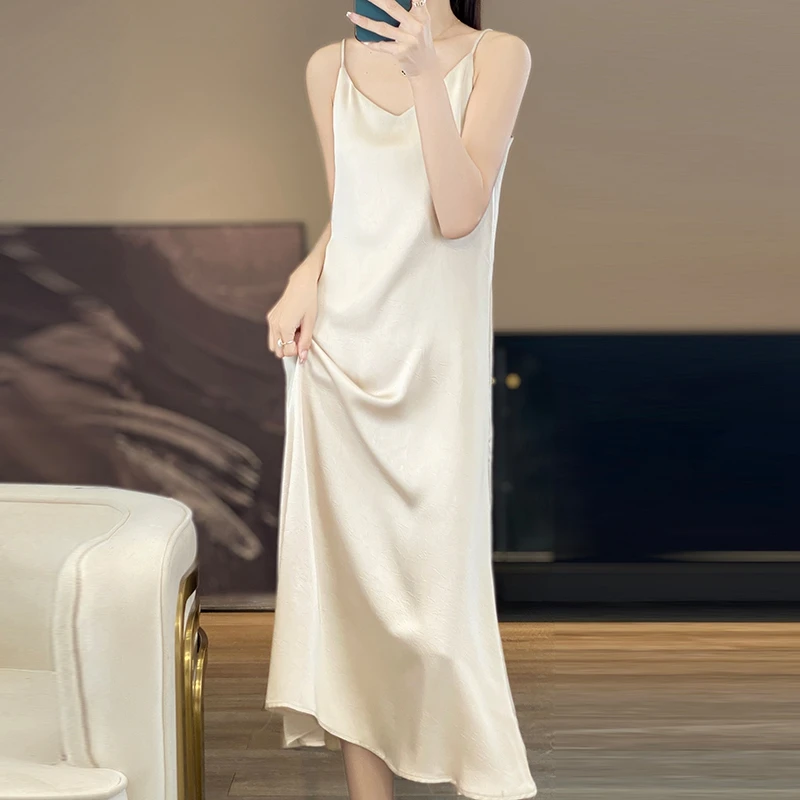 2025 New 100% Anti Wrinkle Mulberry Silk Strap Dress for Women's Summer New Loose Long Skirt