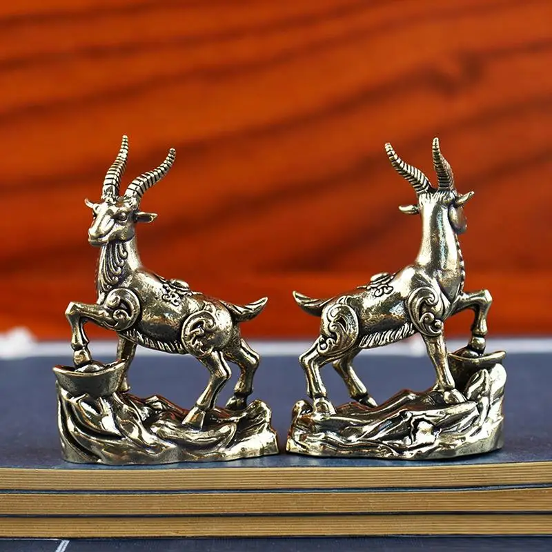 Vintage Brass Antelope Statue With Exquisite Carved Details And Auspicious Design Perfect For Home Office Desk Shelf Decoration