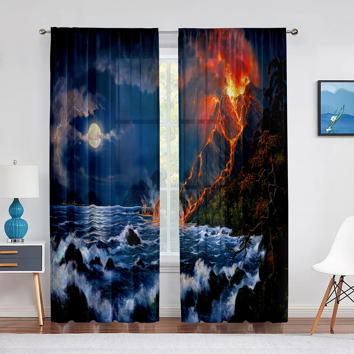 Volcano Exploding At Night Nature Scenery Sheer Voile Curtains for Living Room Chiffon Tulle Window Curtain Home Decor Drapes