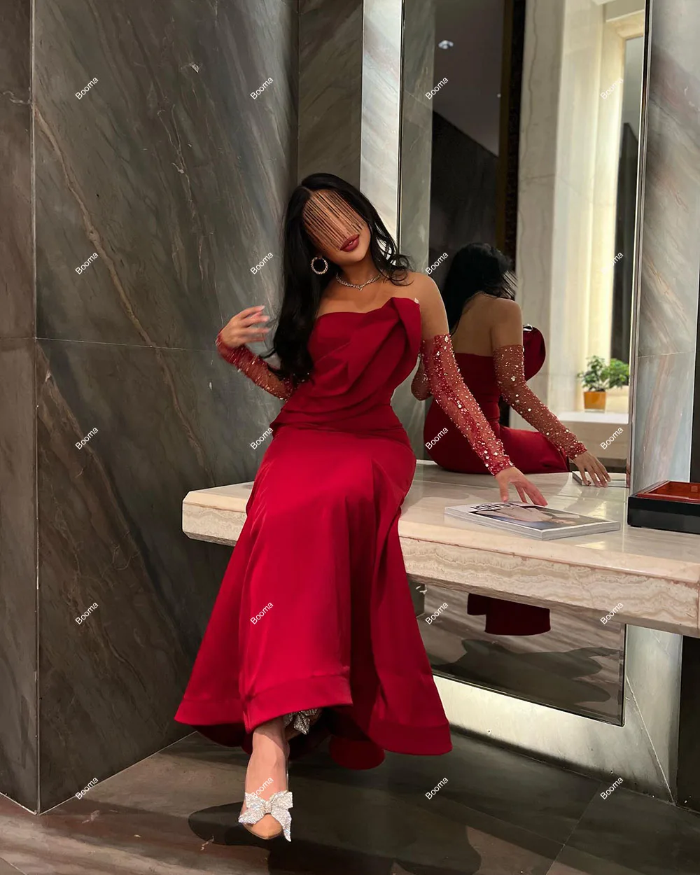 Booma Red Mermaid Evening Dresses Pleated Strapless Formal Occasion Gowns Saudi Arabic Long Party Prom Dresses for Women