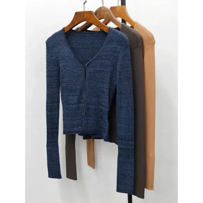 LC @ Short Knitted Cardigan for Women, V-neck, Long Sleeve, Slim Fit Top, Leisure Commuter, Autumn and Winter, 2024