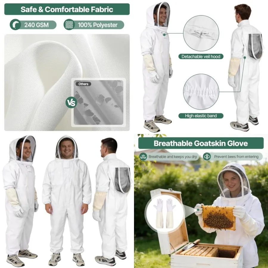 

Bee Suit, Beekeeping Outfit Professional Full Body Beekeeper Suit with Veil Hood en and Woen Beekeeper and Beginners with Glove