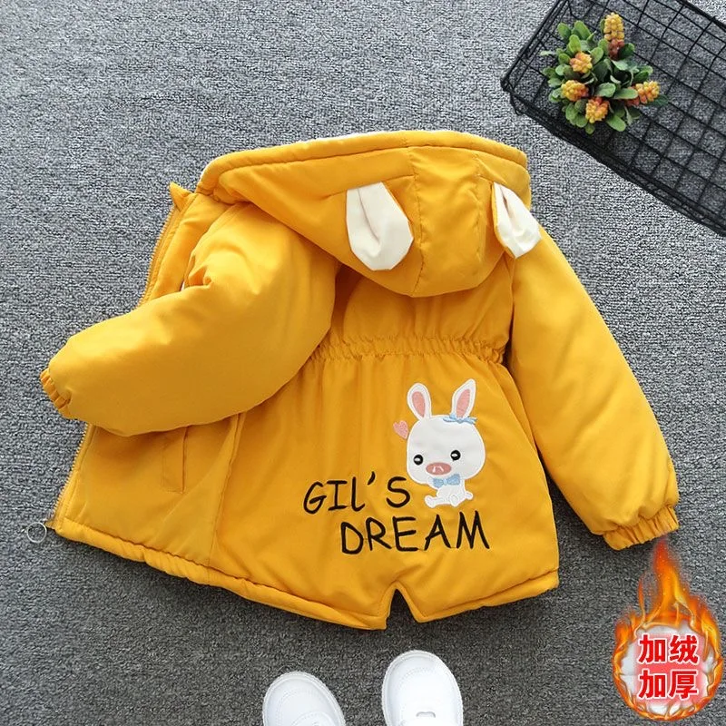 2024 Autumn Winter Warm Girls Coat Cute Rabbit Embroided Jacket For Girls Thick Windbreaker Outerwear Birthday Gift Kids Clothes