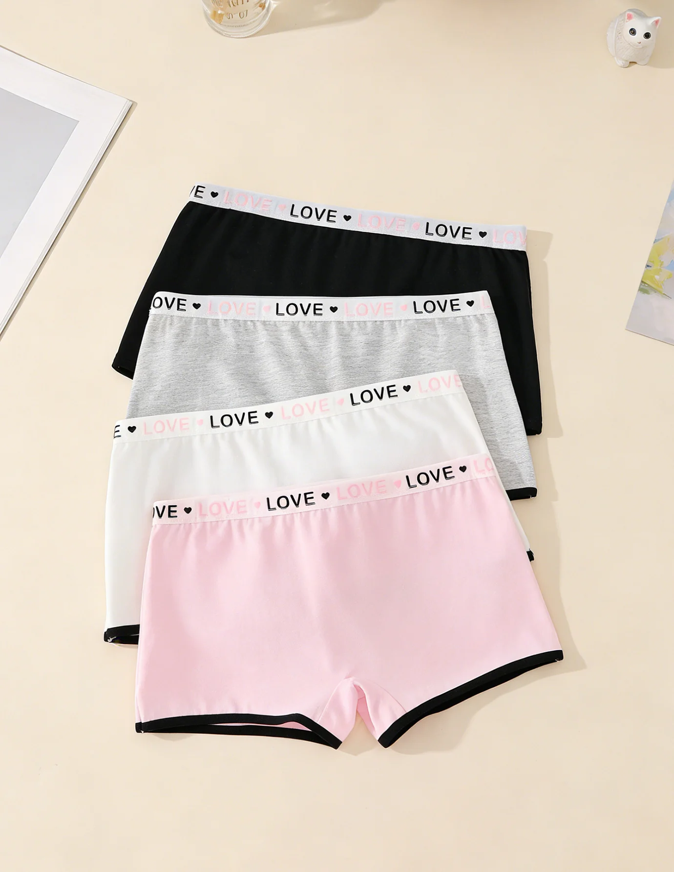 Four-Pack of Girls' Cotton Boxer Briefs with Simple, Sweet, Cute, and Elegant Design, Featuring Love Ribbons, Comfortable and Soft