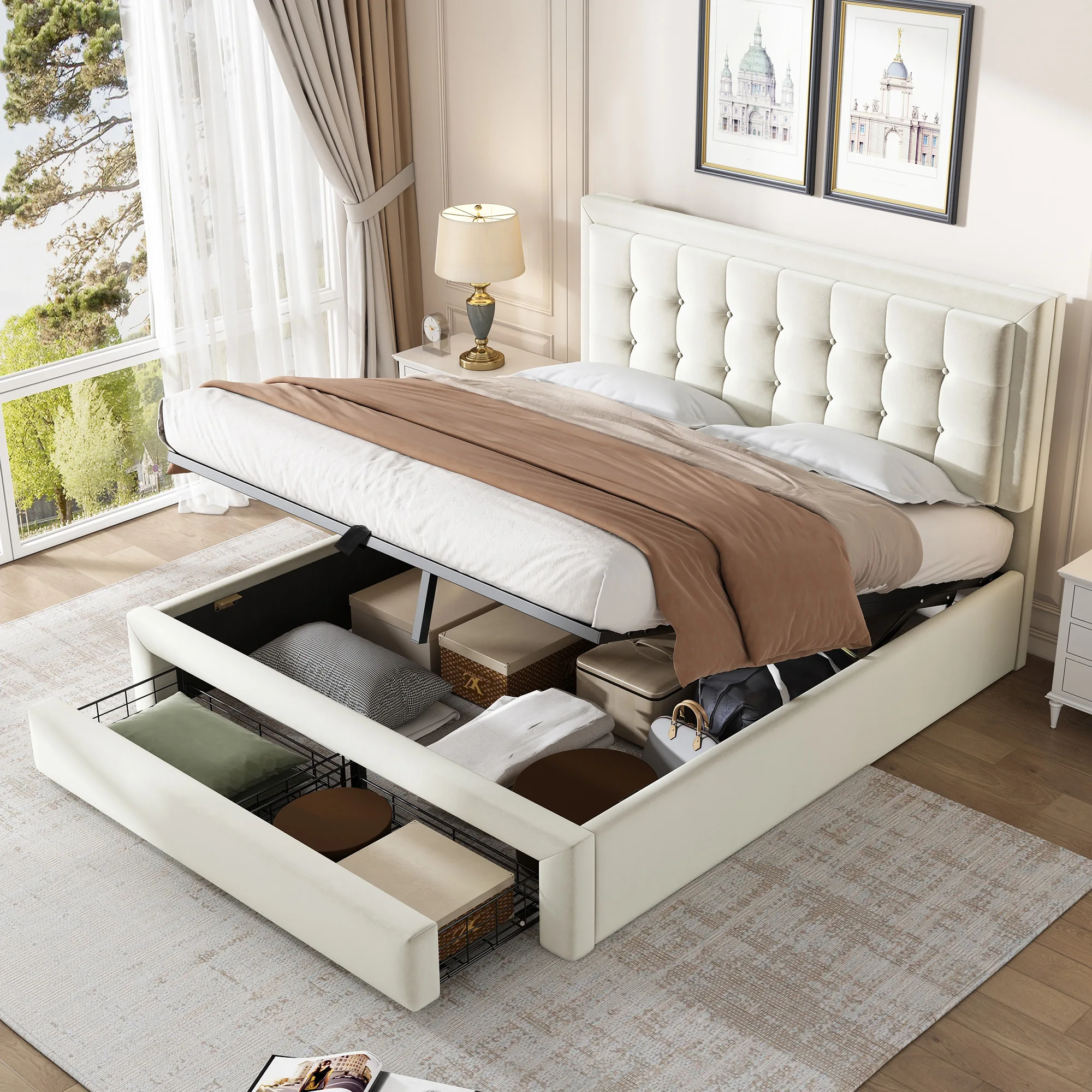 Lit coffre 140x190 cm - Lit coffre hydraulique avec 2 tiroirs et sommier à lattes - Velours - Sans matelas - Beige