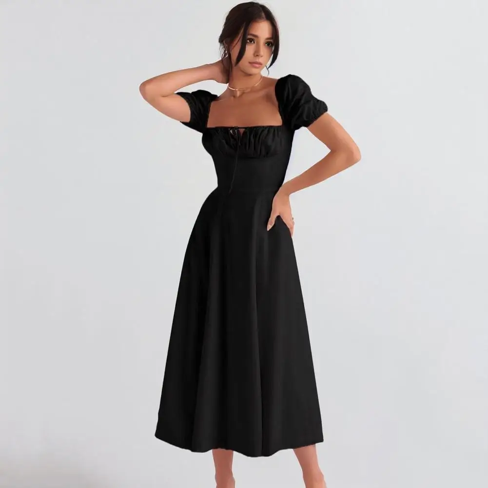 Mulheres a linha vestido elegante pescoço quadrado em camadas babados cintura alta a linha plissado rendas cinta sem costas senhora midi vestido