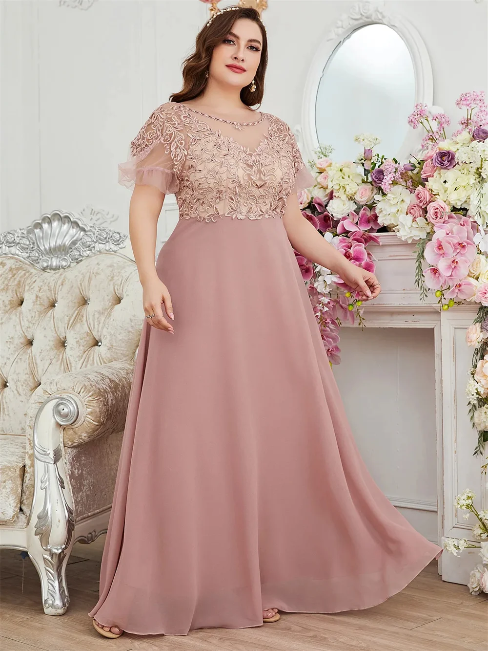 Mother of the Bride Evening Dresses Short Sleeve Lace and Chiffon A-line Dresses Formal Occasion Dresses Birthday Party Dresses