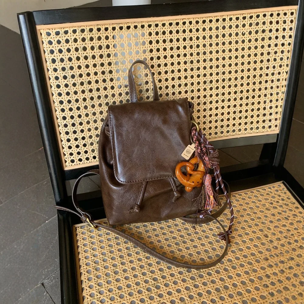 American Brown Pebbled Leather Retro PU Soft Leather Commuting Backpack Versatile Crossbody Two-shoulder Small Bag