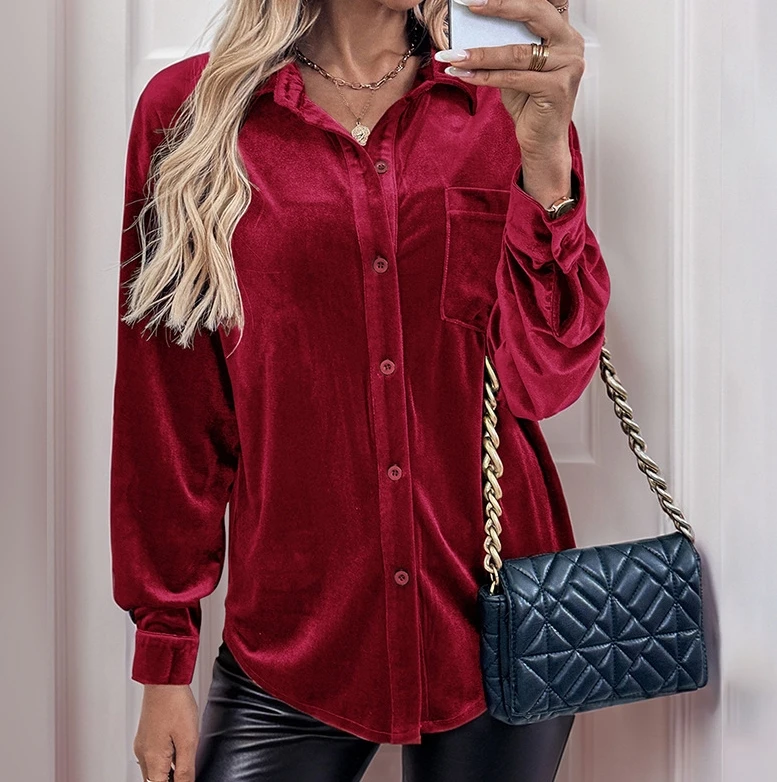 Women's Shirt Fashion Autumn New Collar Shirt Long Sleeved Velvet Cardigan Top Temperament Commuting Casual Retro Shirt