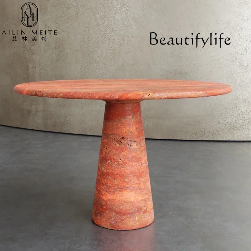 N44  Nordic light luxury natural travertine dining table marble round dining table simple small apartment home high sense