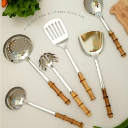 Natural bamboo handle stainless steel frying shovel Japanese-style soup spoon Creative new colander shovel kitchen utensils set