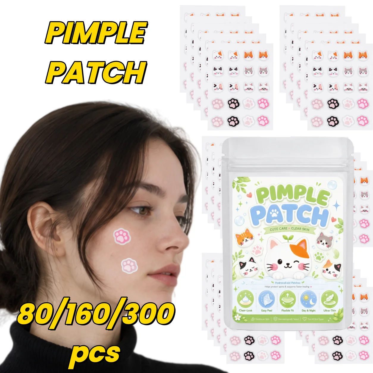 Acne Patches (80/160/300 Pieces), 20 per Sheet, Cat & Paw Prints—Lightweight, Skin-Friendly, Comfortable for Daily Wear