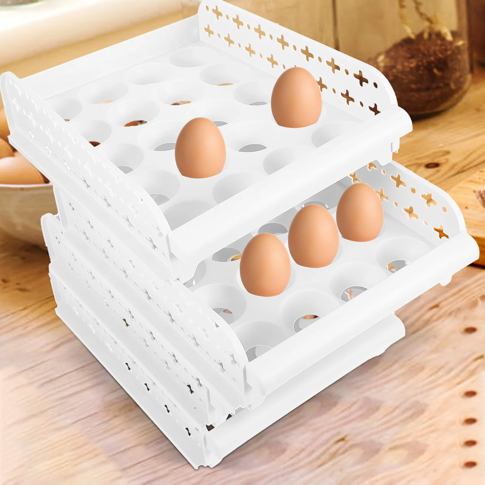 

4-Layer Stackable Egg Storage Box 30 Grids Per Layer Plastic Egg Tray Container Groove Fixing Design Refrigerator Freezer