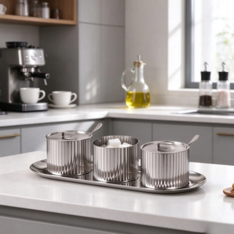 Nordic Light Luxury Spice Box Stainless Steel Kitchen Storage Canister & Sugar Jar Premium Condiment Bottle for Countertop