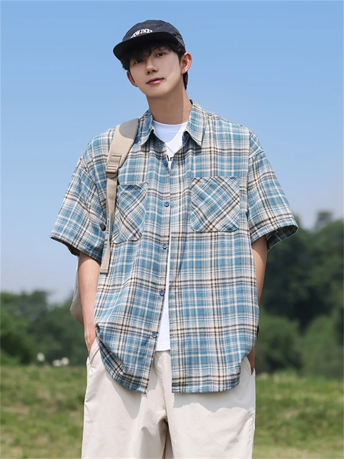

Summer Loose Casual Plaid ort Sve irt ex Youth Faion Outerwear American Sle Men's irt Women's irt Couple's...