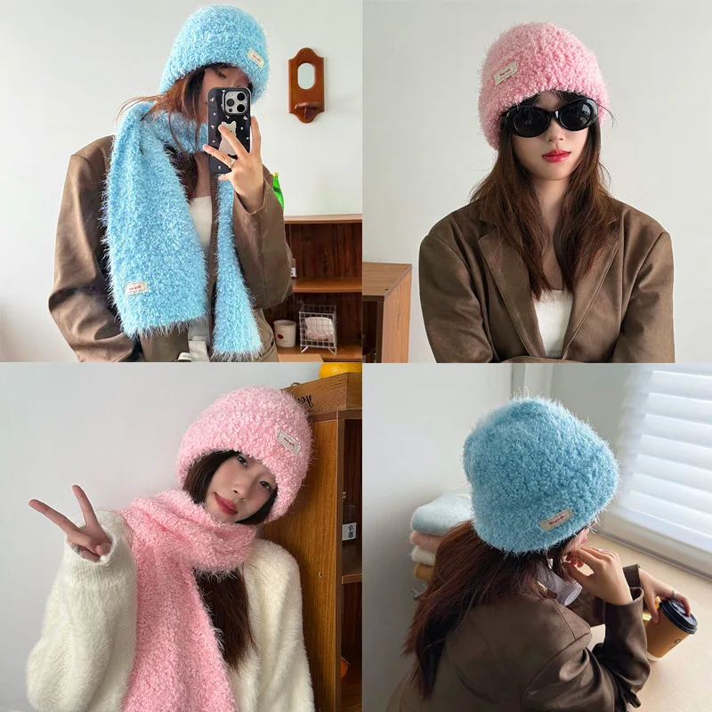 Korean Style Fashion Sweet Cute Plush Knitted Scarf Beanie Hat 2-piece Set Women Kawaii Soft Warm Scarf Pink Blue Yellow Shawl