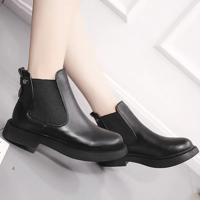 Chelsea Boots Women\'s Ankle boots British style Girls Naked Boot Round Toe Winter Shoes Woman Flat Boot Black