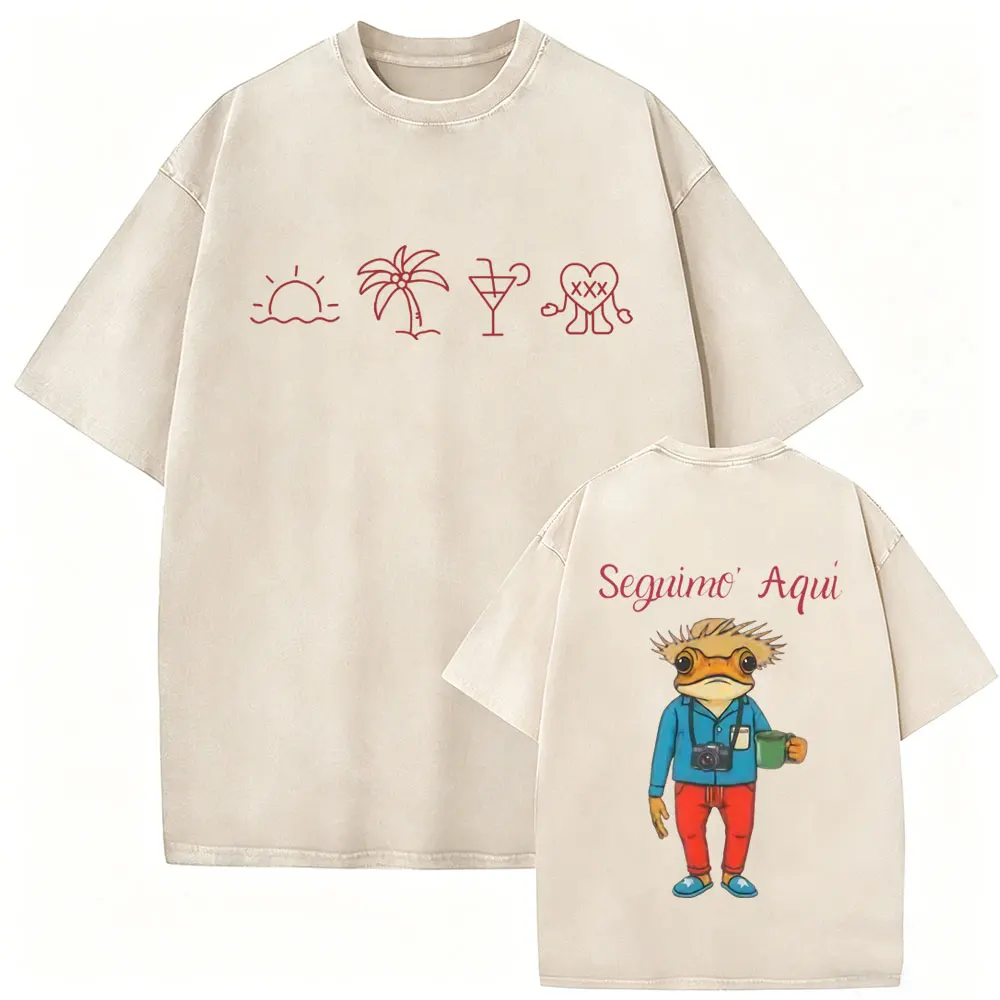 Rapper Bad Bunny Debi Tirar Mas Fotos DTMF Vintage Washed T-shirt Men's Women Clothing Hip Hop