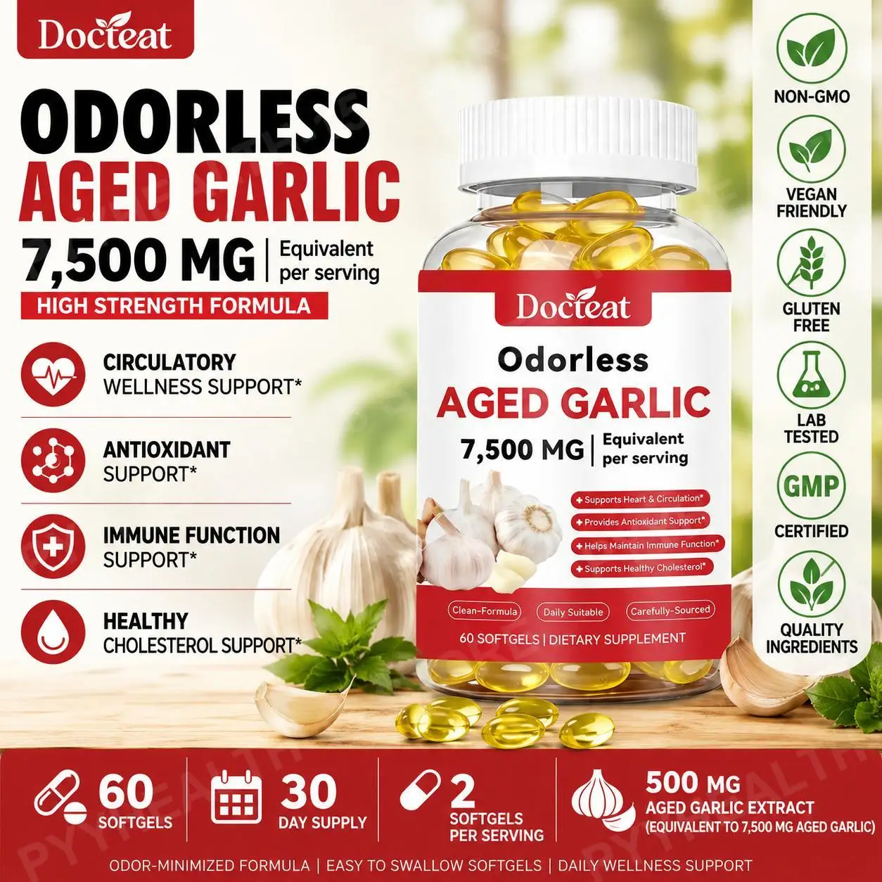 

Docteat Odorless Aged Garlic Extract Softgels 500mg 7500mg Equivalent Antioxidant Daily Wellness Support Adults 60 Softgels