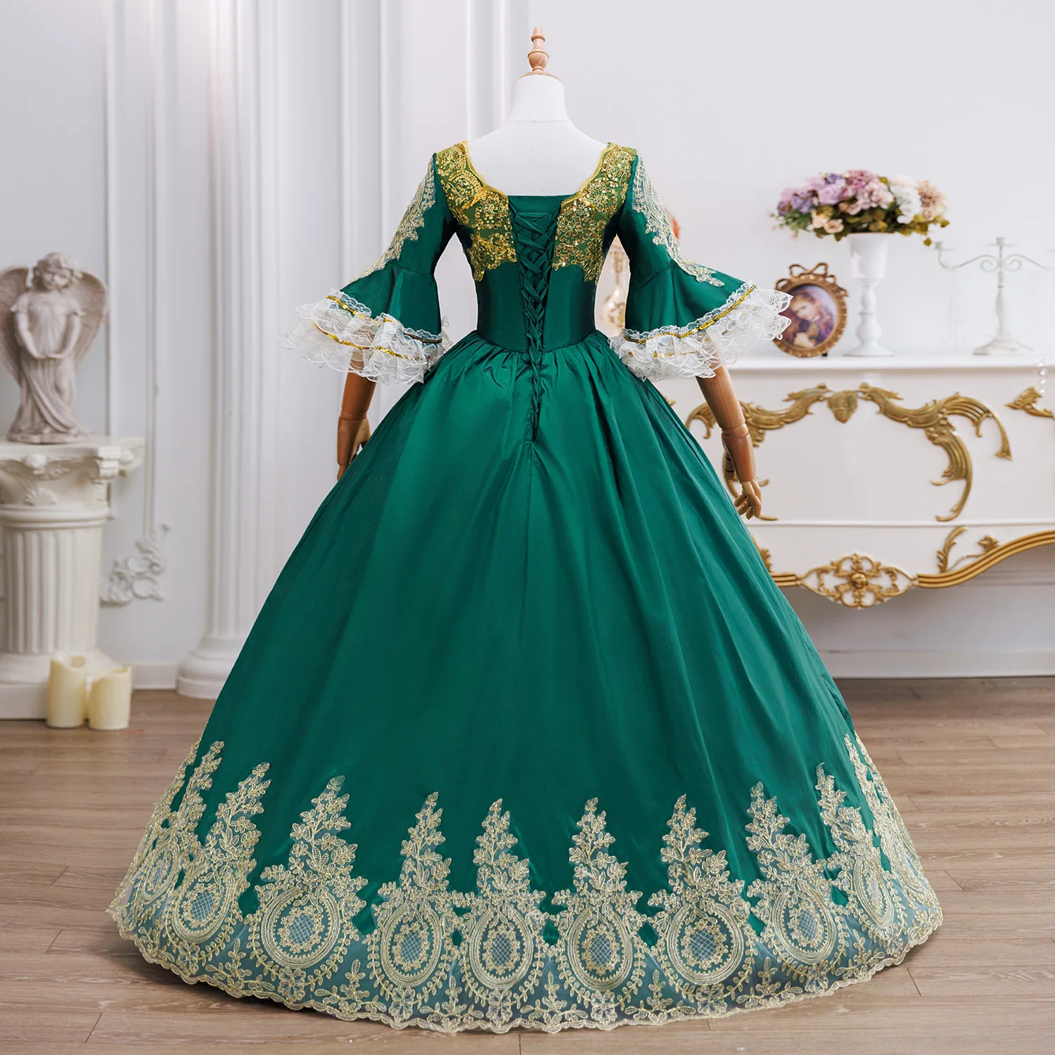 زي المحكمة الساحرة للهالوين الأخضر للسفر والتصوير الفوتوغرافي للملكة النبيلة والدراما والولائم فستان الرقص والسهرة والحفلات الفاخرة
