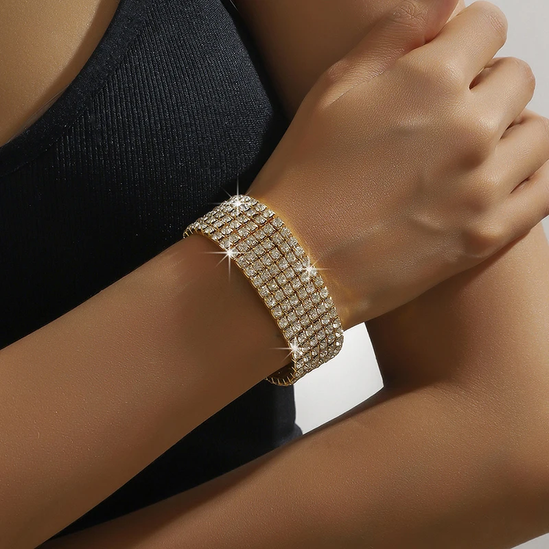 Klassisches mehrfach glänzendes Strass-Kristall-Stretch-Armband für Frauen und Mädchen, Braut, Hochzeit, elastisches Armband, Gold- und Silberfarbe – Detail 2