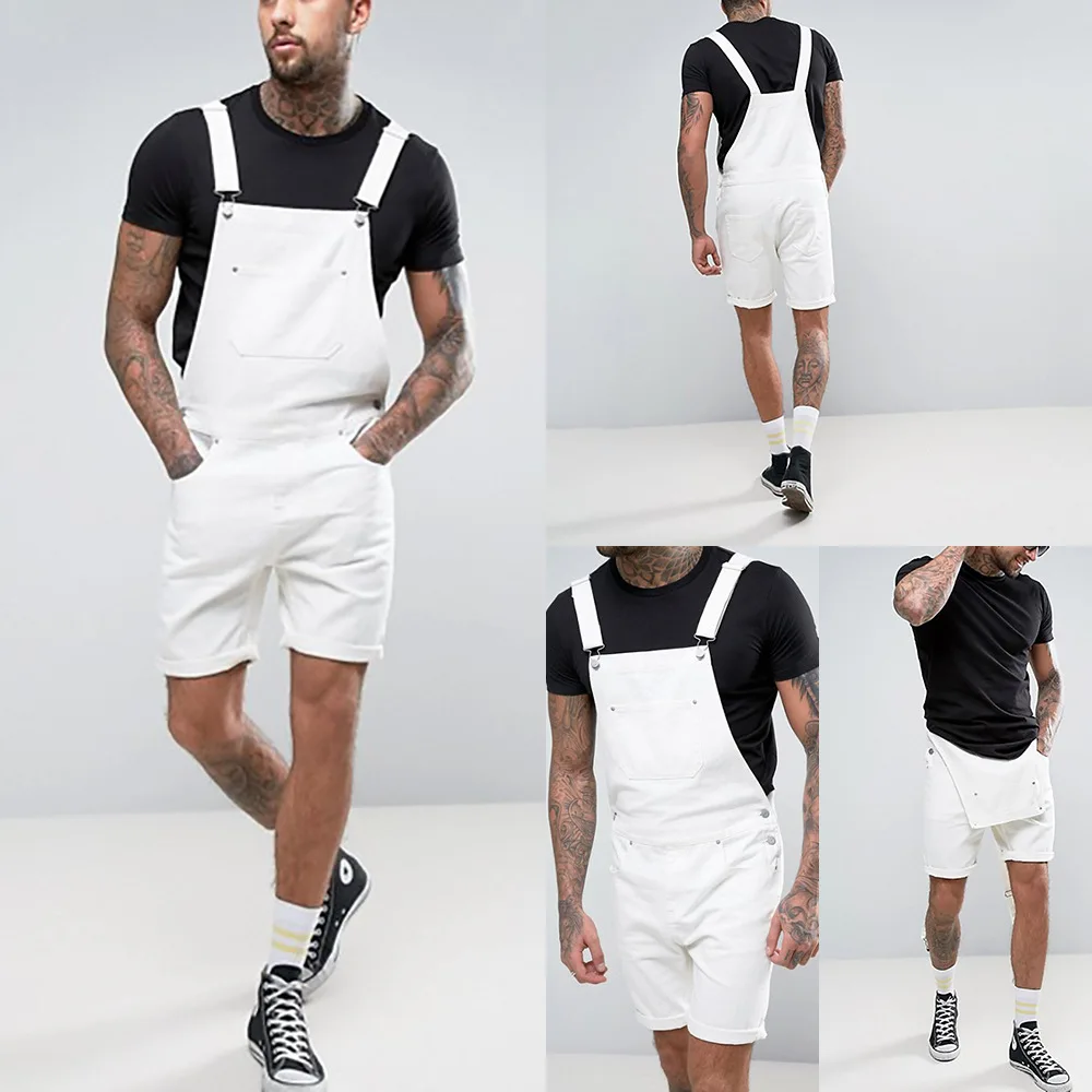 One Piece Cargo Pants Mid Waist Overalls Men Straight Denim Solid Color Shorts Suspender Jeans 2024 Streetwear Washed Jumpsuit