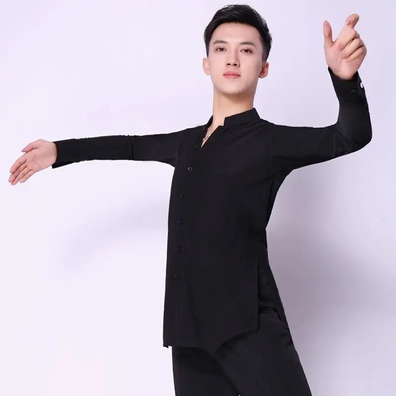 Customized Latin Dance Shirt Men Long Sleeves Tops Adult Male Rumba Salsa Ballroom Dance Practice Clothing Competition Shirts