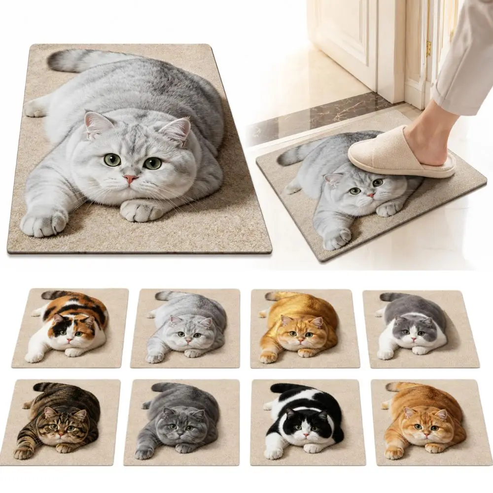 Cute Diatomaceous Earth 3D Cat Floor Mat Realistic Non-slip Bathroom Carpet Water-absorbing 40×60CM Bedroom Door Rug Home Decor