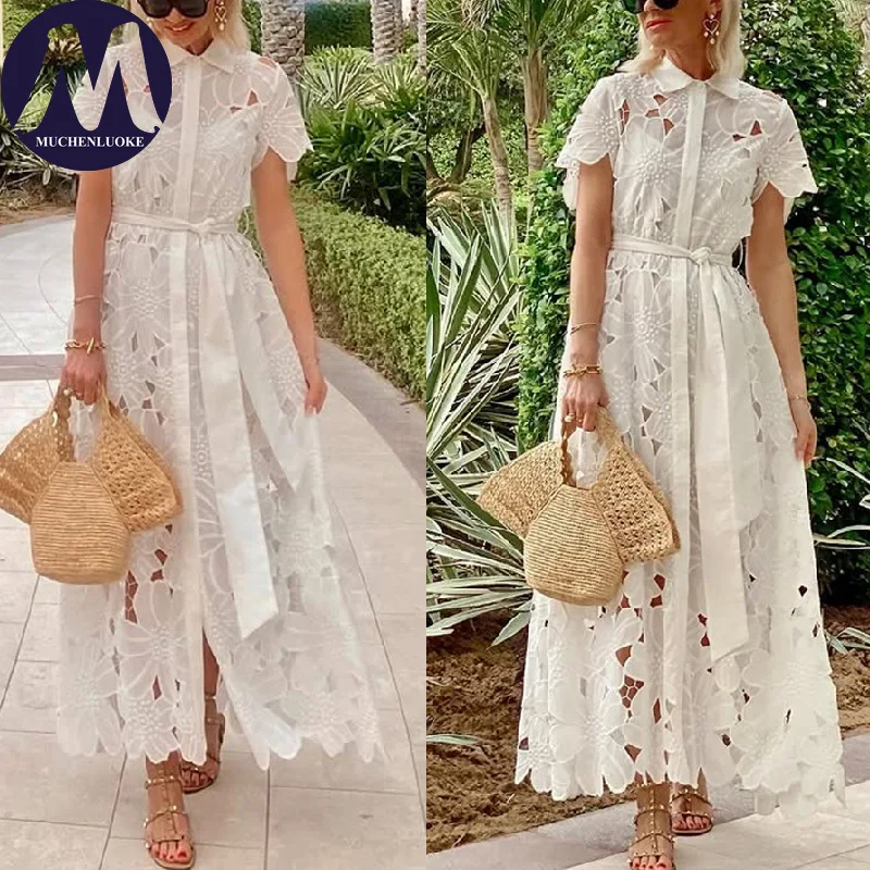 

Elegant Womens Dresses Summer New Sexy Lace Lapel 1/3 Sleeve Cardigan Dress Fashionable Slim Fit Single Breasted Lace Up Dresses