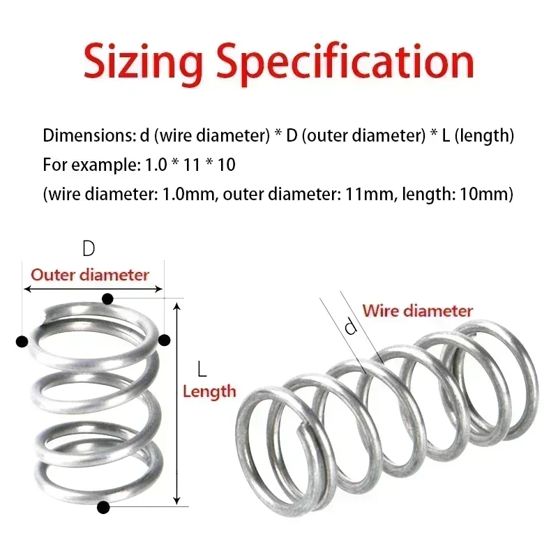 304 Stainless Steel Spiral Return Compression Spring, Wire Diameter: 1.5mm, Outer Diameter: 10-25mm, Length: 15-100mm, 10Pcs