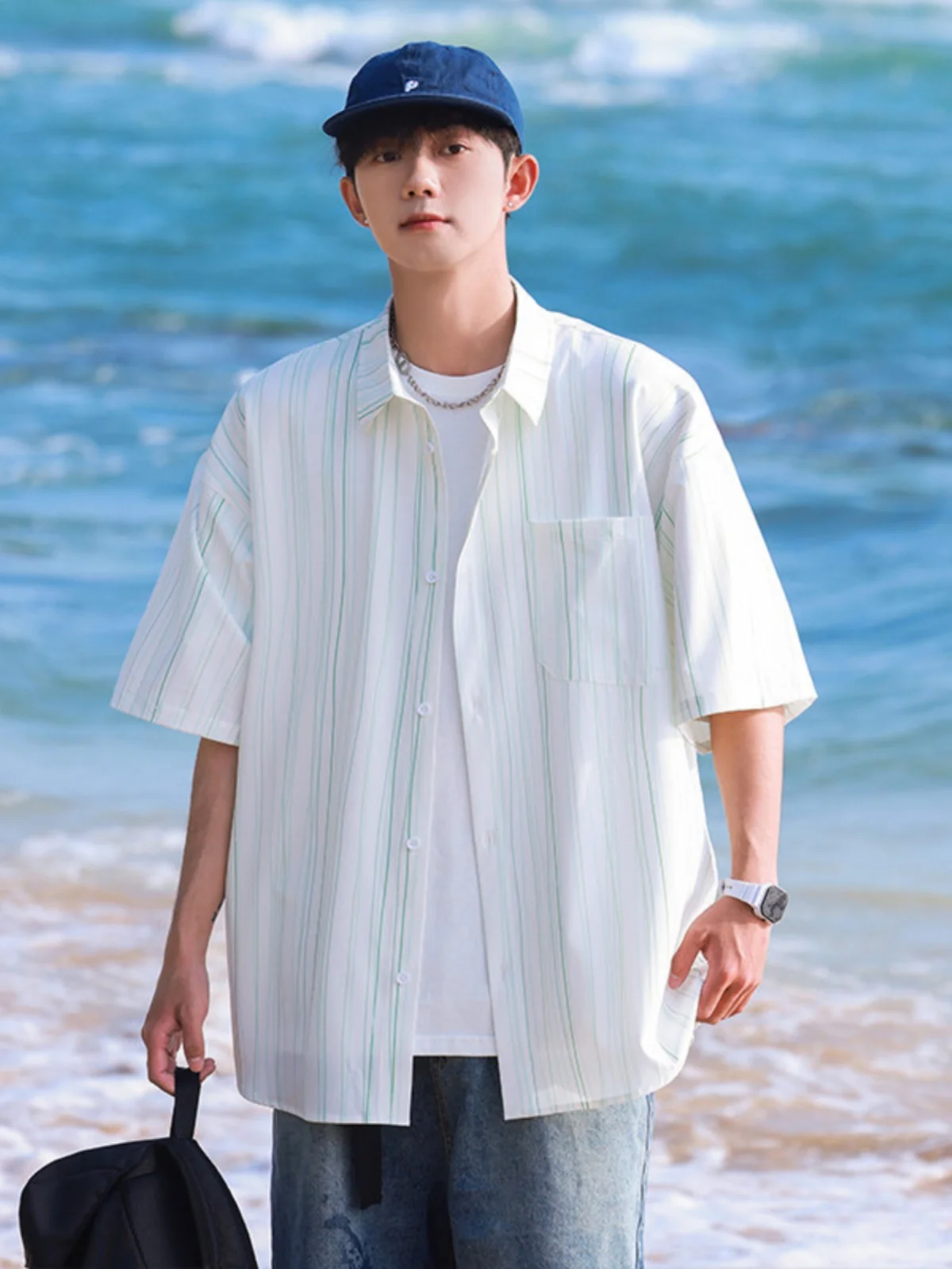 

Ретро-японская рубашка в полоску с коротким рукавом, мужская летняя повседневная рубашка с рукавом до локтя, модный брендовый топ с коротким рукавом