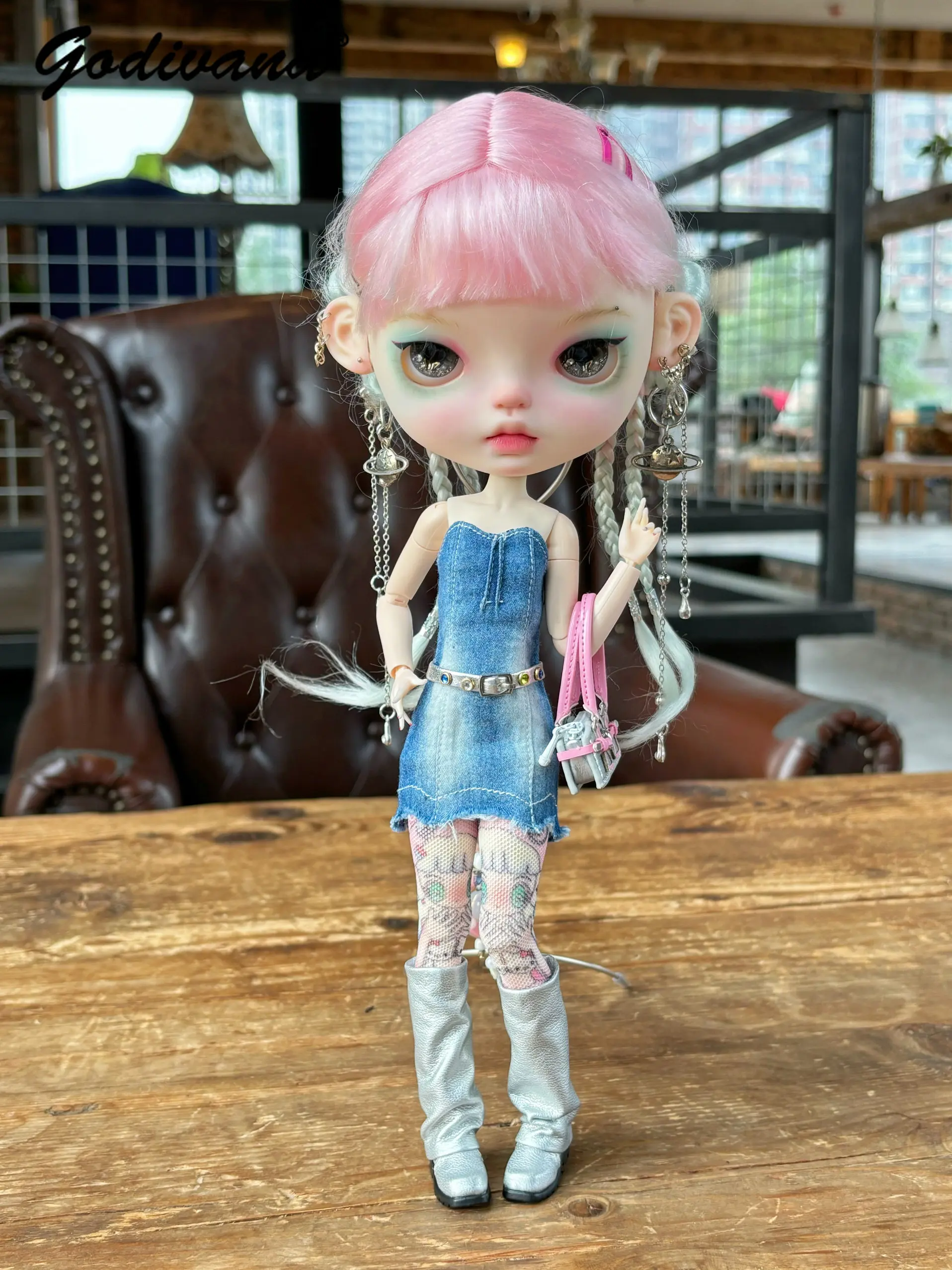 Subculture Y2K Hot Girl BJD Doll Outfit Denim Strapless Mini Dress with Rhinestone Belt Full Set Fit Blythe Ob24 Special 6 BJD