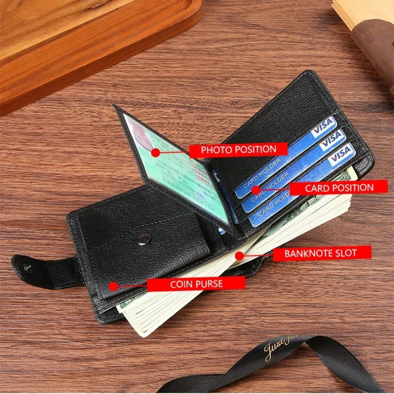 Casual Wallet For Men Leather Short Hasp Man Wallets Durable Coin Pouch Male Slim Bifold Photo ID Card Holders Purse Money Clip