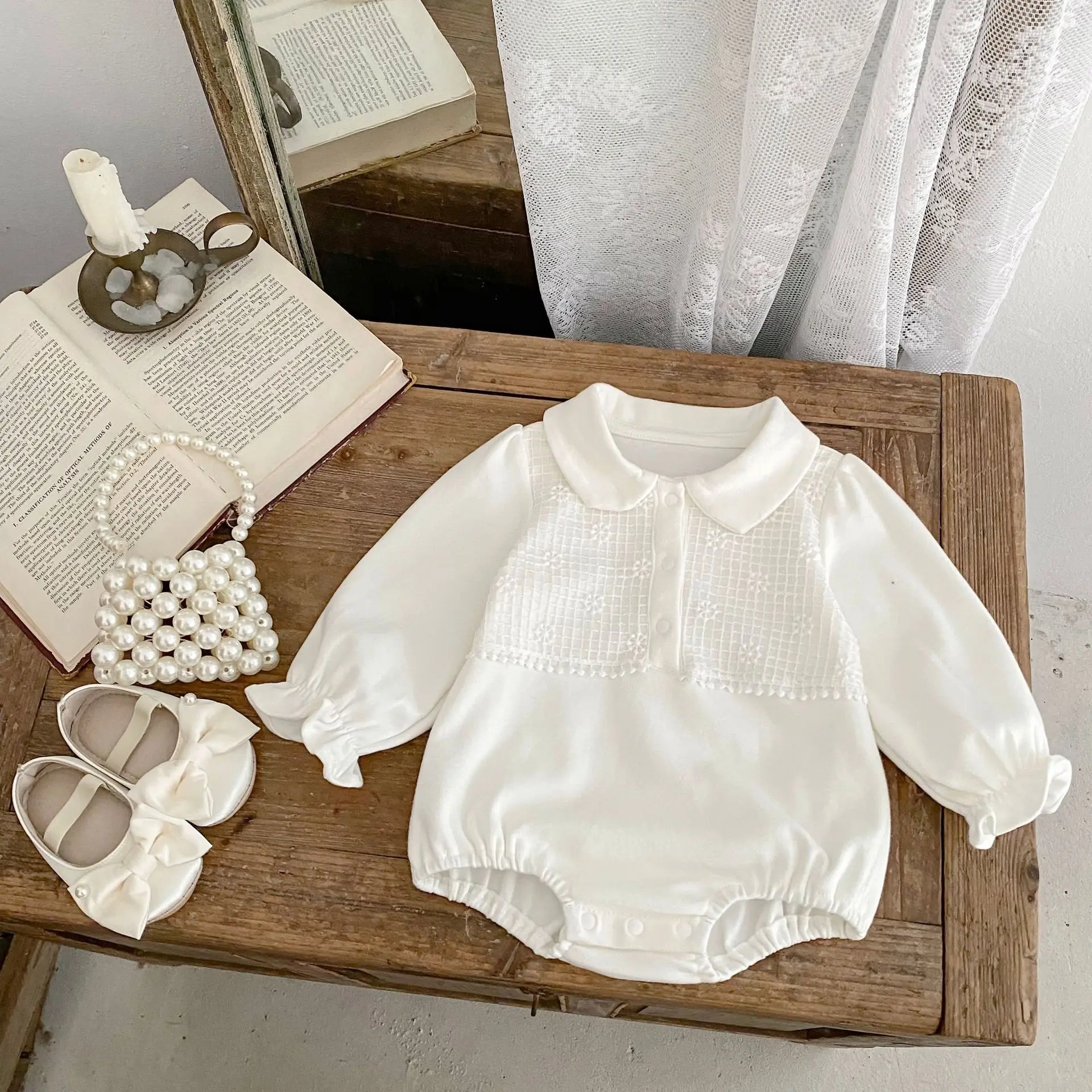 

​​2025 Fall Baby Girl Romper Peter Pan Collar Long Sleeve Cute Outfit Soft Cotton Jumpsuit 0-24 Months​