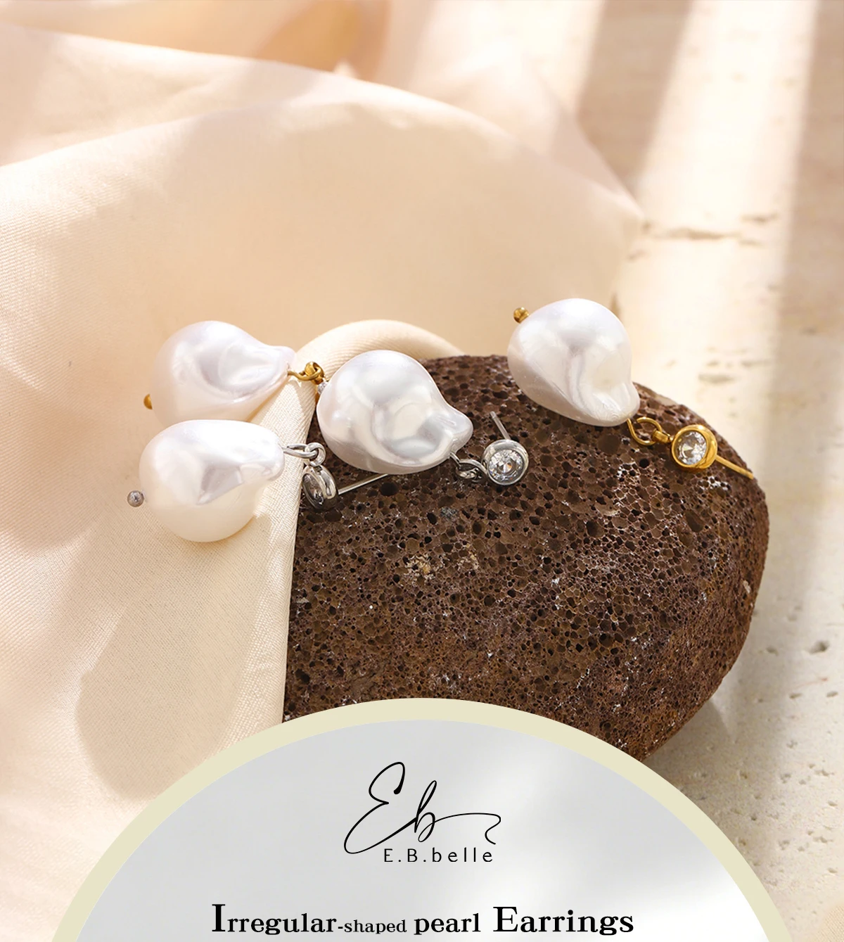 E.B.belle Elegante unregelmäßige Perlen-Ohrstecker, 18 Karat vergoldete Edelstahl-Ohrringe für Damen, minimalistischer zarter Schmuck – Detail 1