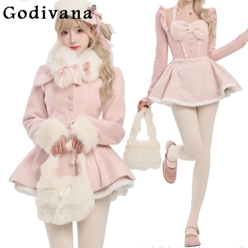 

Knitted Cardigan Houndstooth Dress Woolen Coat Set Women's Velvet Pink Winter Dress Suits Female Japanese Style Lolita Outfits