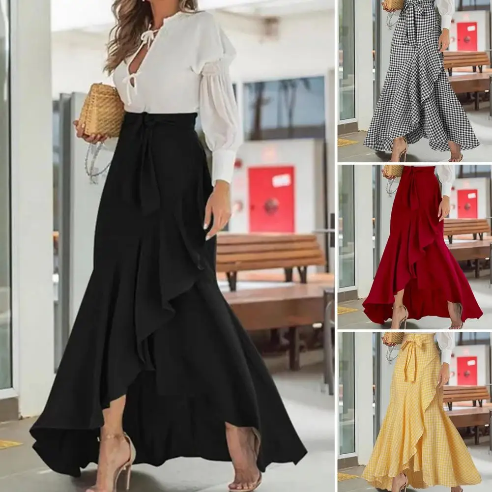 Skirts for Men High Waist Hem Maxi Skirt Elegant Lace-up Ruffle Trim Maxi Skirt with Plaid Print Bow Tie Detail Casual Skirt