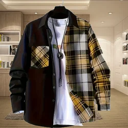 Primavera e outono masculino nova casual diário camisa de manga comprida single-breasted moda confortável retalhos xadrez fino cardigan